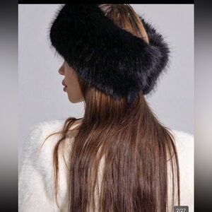 Black Faux Fur Headband Ear Warmer Fluffy Plush Winter Cozy Women’s